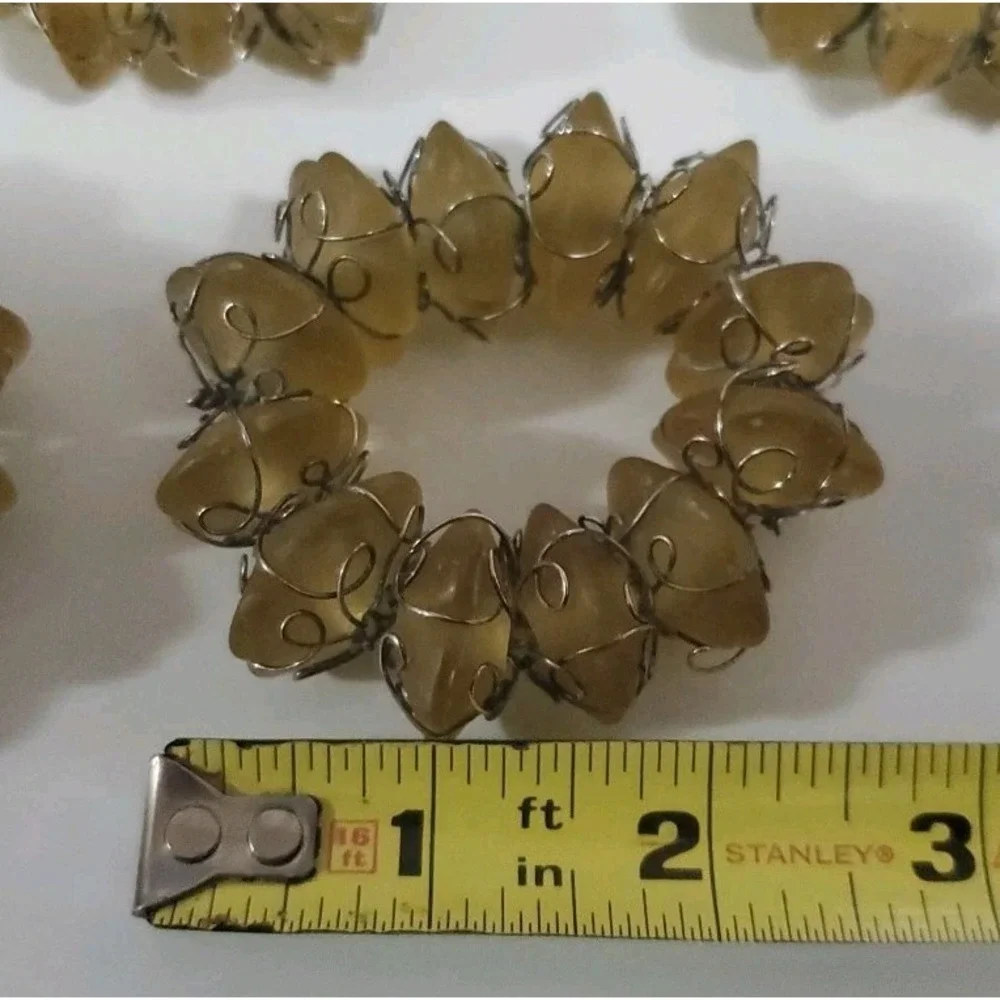 Vintage Yellow‎ Beige Stone and Wire Napkin Rings set of 8 Abstract Bohemian